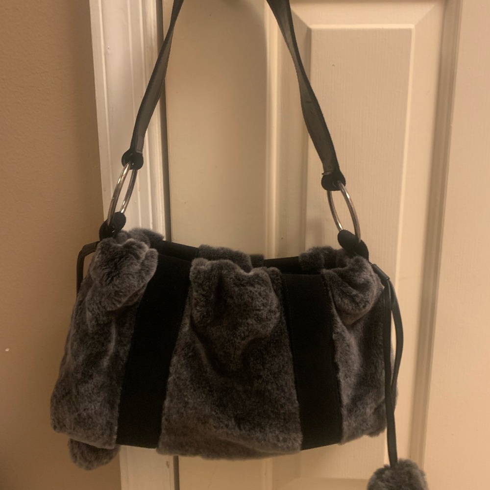 Stuart Weitzman Black  and Gray Faux Fur Shoulder Bag